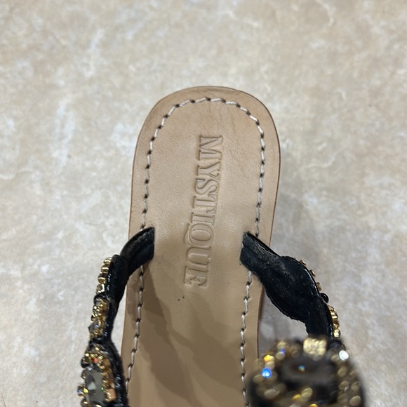 Mystique Wedge Sandals in patent Black with clear stones and gold accents. - Picture 6 of 8